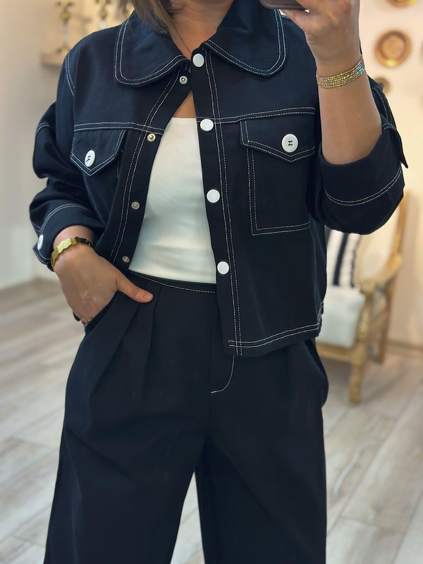 Düğmeli Denim Pantolon Takım SİYAH-23KUST000116
