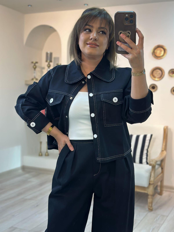 Düğmeli Denim Pantolon Takım SİYAH-23KUST000116