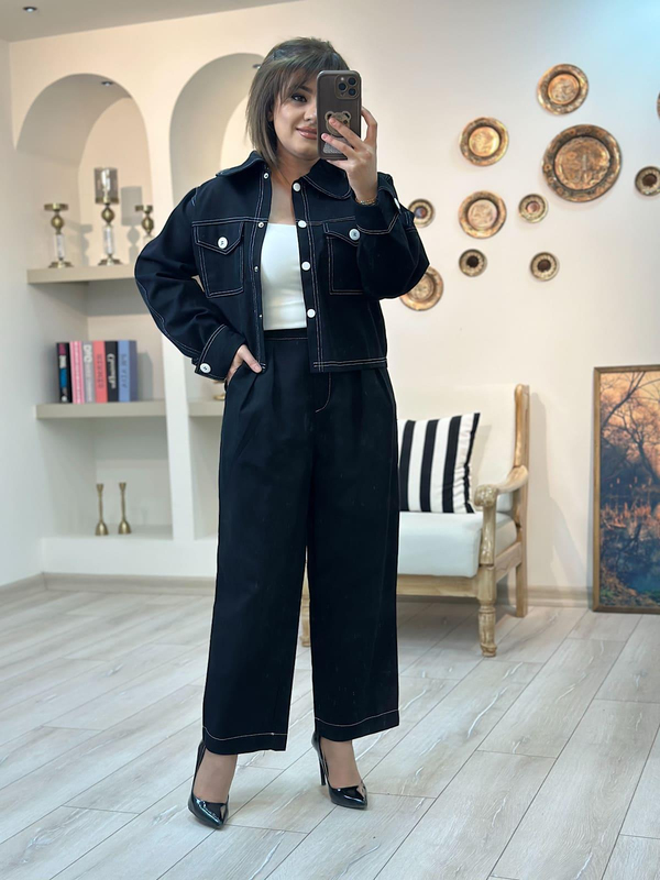 Düğmeli Denim Pantolon Takım SİYAH-23KUST000116