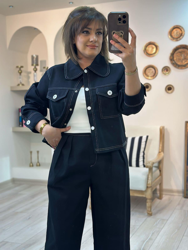 Düğmeli Denim Pantolon Takım SİYAH-23KUST000116