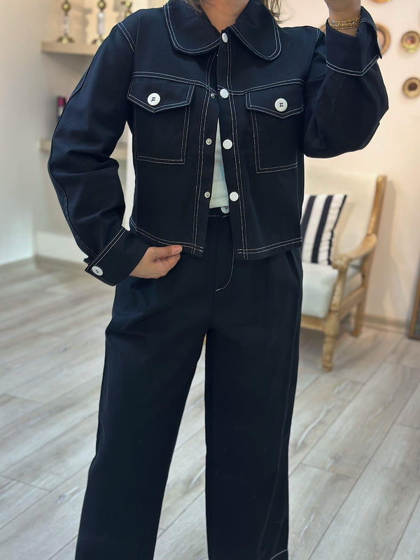Düğmeli Denim Pantolon Takım SİYAH-23KUST000116