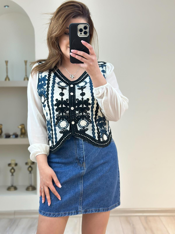Düğmeli Şifon Kol Etnik Desen Bluz KREM-23YUST000153