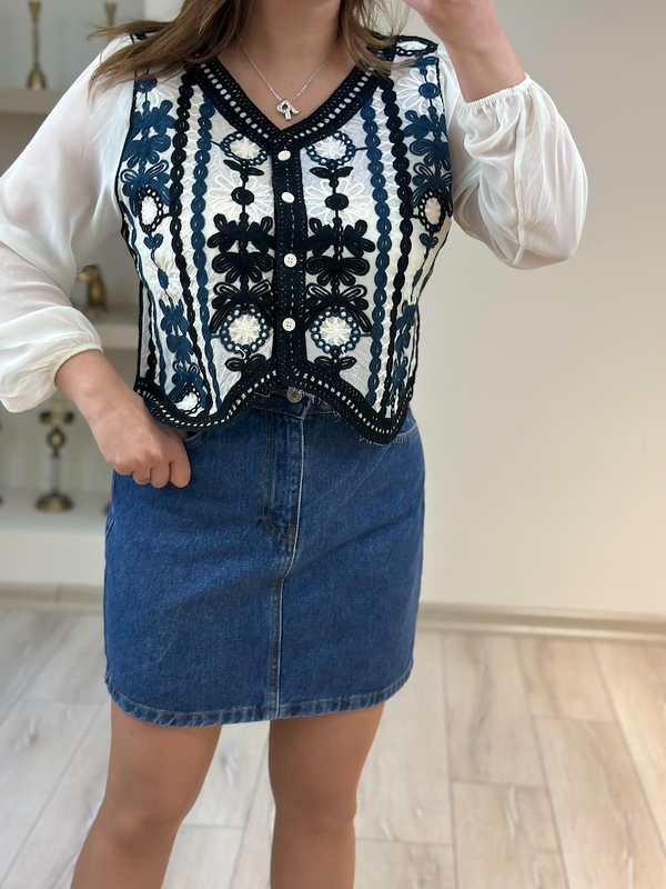 Düğmeli Şifon Kol Etnik Desen Bluz KREM-23YUST000153