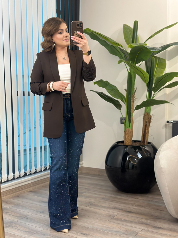Düğmesiz Astarlı Kolu Büzgülü Blazer Ceket ACI KAHVE-23YDIS000001