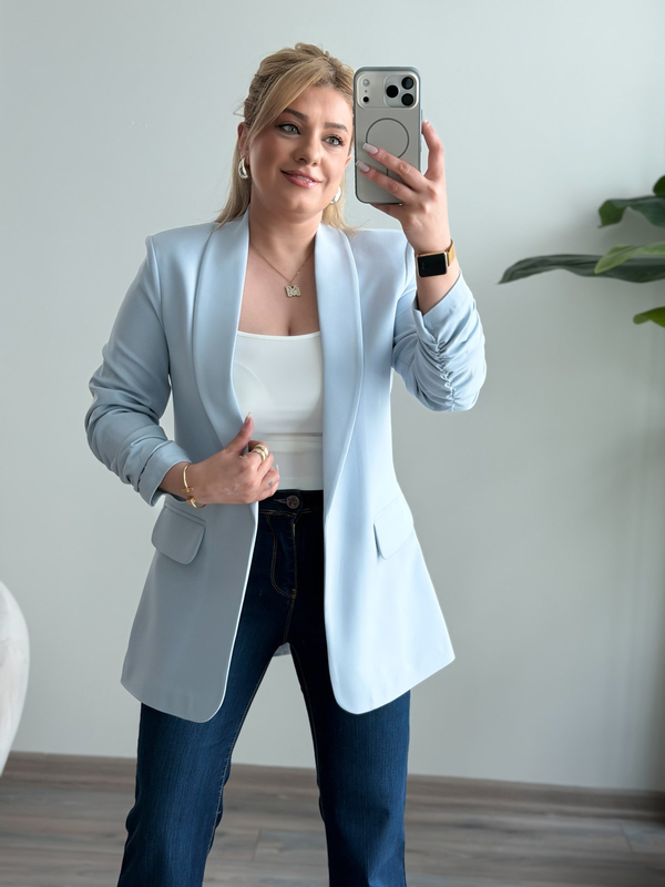 Düğmesiz Astarlı Kolu Büzgülü Blazer Ceket AÇIK MAVİ-23YDIS000001
