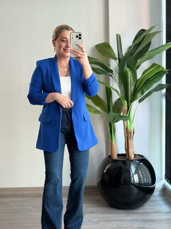Düğmesiz Astarlı Kolu Büzgülü Blazer Ceket SAKS-23YDIS000001