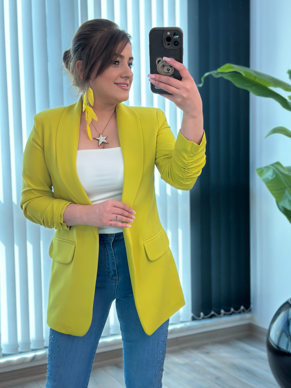 Düğmesiz Astarlı Kolu Büzgülü Blazer Ceket Kivi-23YDIS000001
