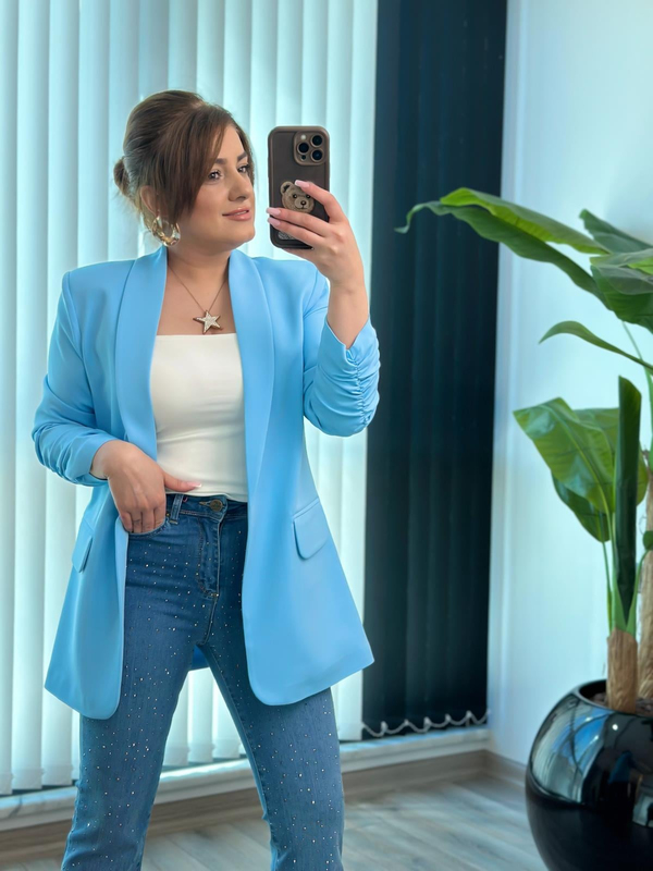 Düğmesiz Astarlı Kolu Büzgülü Blazer Ceket BEBE MAVİ-23YDIS000001