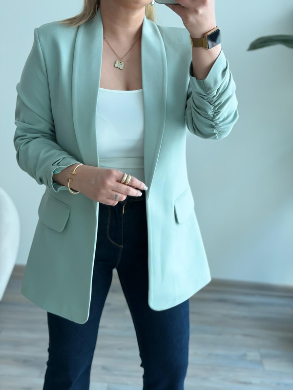 Düğmesiz Astarlı Kolu Büzgülü Blazer Ceket Mint-23YDIS000001