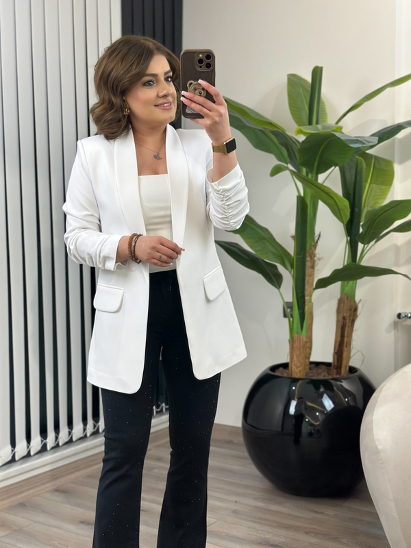Düğmesiz Astarlı Kolu Büzgülü Blazer Ceket BEYAZ-23YDIS000001