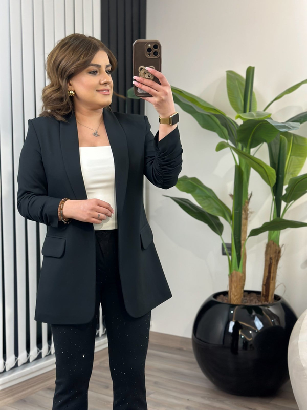 Düğmesiz Astarlı Kolu Büzgülü Blazer Ceket SİYAH-23YDIS000001