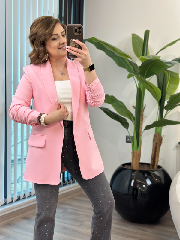 Düğmesiz Astarlı Kolu Büzgülü Blazer Ceket PEMBE-23YDIS000001