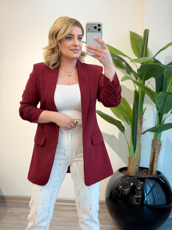 Düğmesiz Astarlı Kolu Büzgülü Blazer Ceket BORDO-23YDIS000001