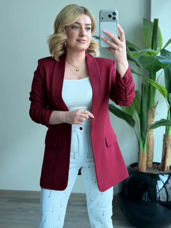 Düğmesiz Astarlı Kolu Büzgülü Blazer Ceket BORDO-23YDIS000001