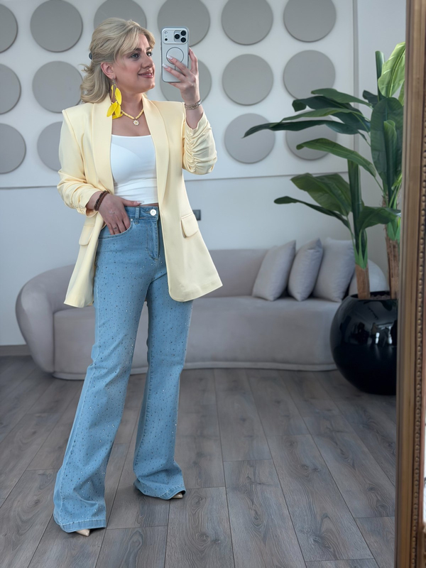 Düğmesiz Astarlı Kolu Büzgülü Blazer Ceket Sarı-23YDIS000001