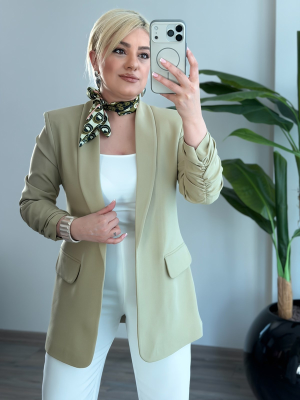 Düğmesiz Astarlı Kolu Büzgülü Blazer Ceket AÇIK HAKİ-23YDIS000001