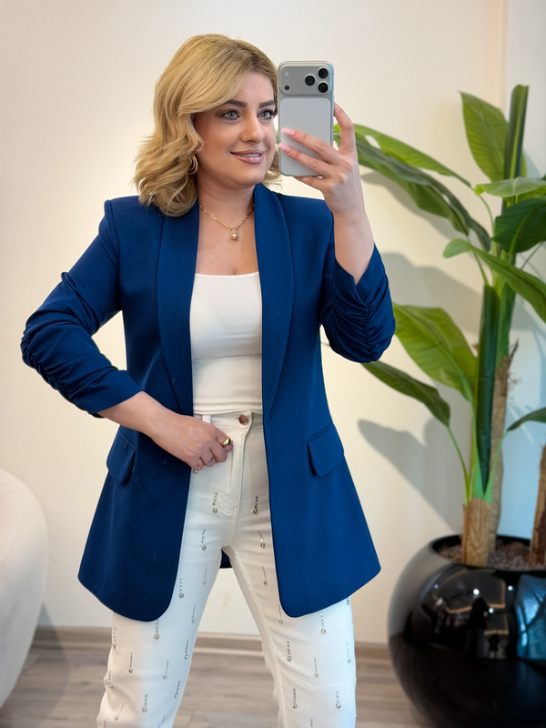 Düğmesiz Astarlı Kolu Büzgülü Blazer Ceket İNDİGO-23YDIS000001