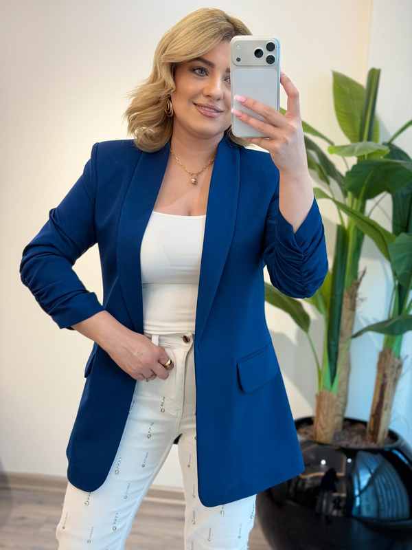 Düğmesiz Astarlı Kolu Büzgülü Blazer Ceket İNDİGO-23YDIS000001