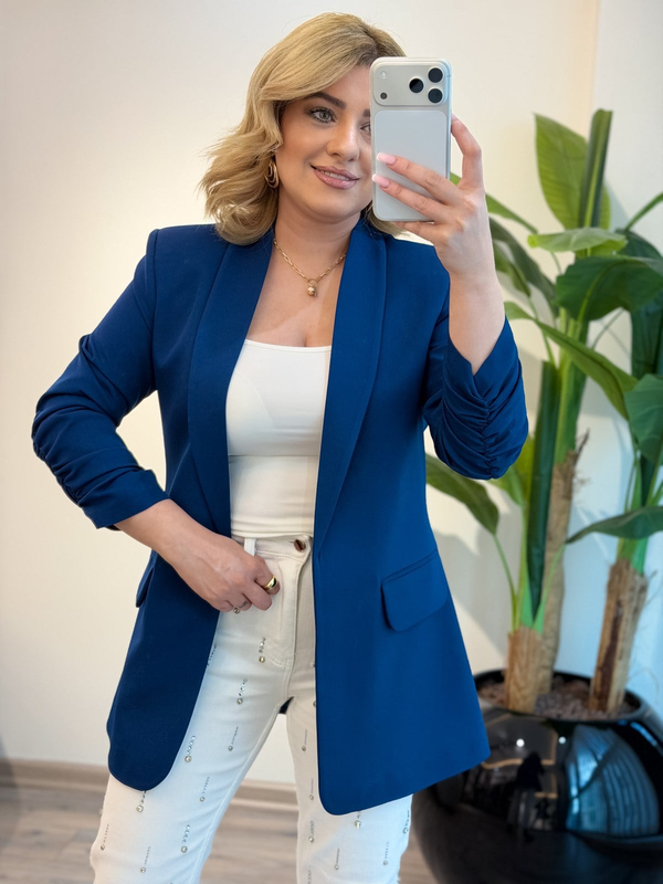 Düğmesiz Astarlı Kolu Büzgülü Blazer Ceket İNDİGO-23YDIS000001