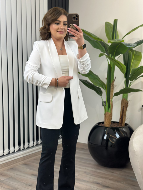 Düğmesiz Astarlı Kolu Büzgülü Blazer Ceket BEYAZ-23YDIS000001