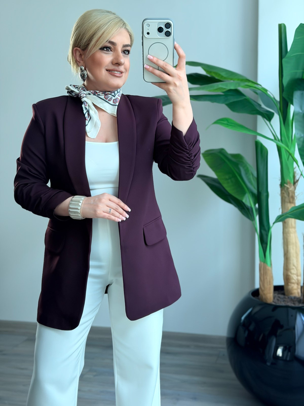 Düğmesiz Astarlı Kolu Büzgülü Blazer Ceket MÜRDÜM-23YDIS000001