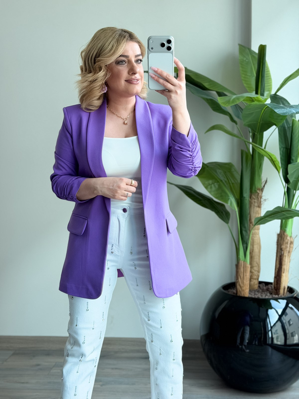 Düğmesiz Astarlı Kolu Büzgülü Blazer Ceket LİLA-23YDIS000001