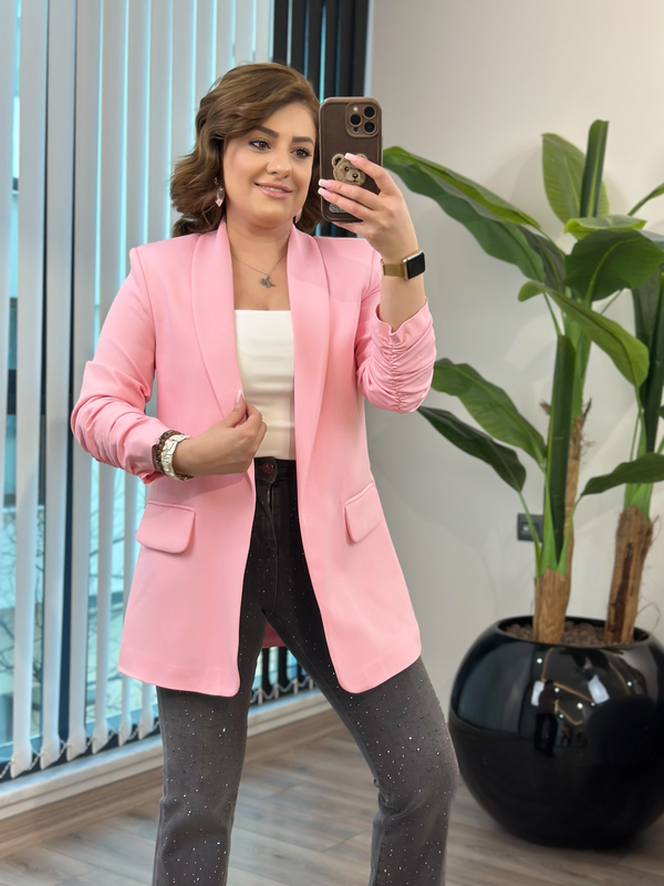 Düğmesiz Astarlı Kolu Büzgülü Blazer Ceket PEMBE-23YDIS000001