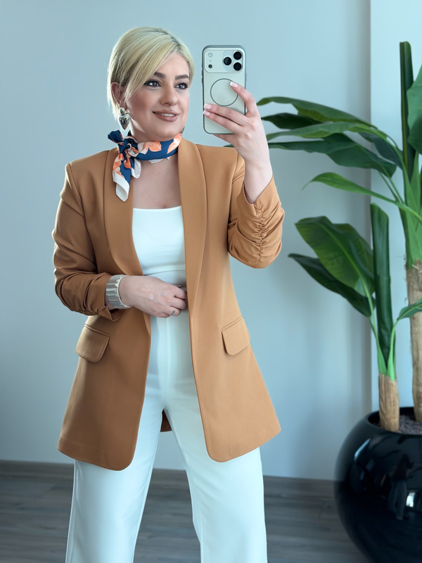 Düğmesiz Astarlı Kolu Büzgülü Blazer Ceket CAMEL-23YDIS000001