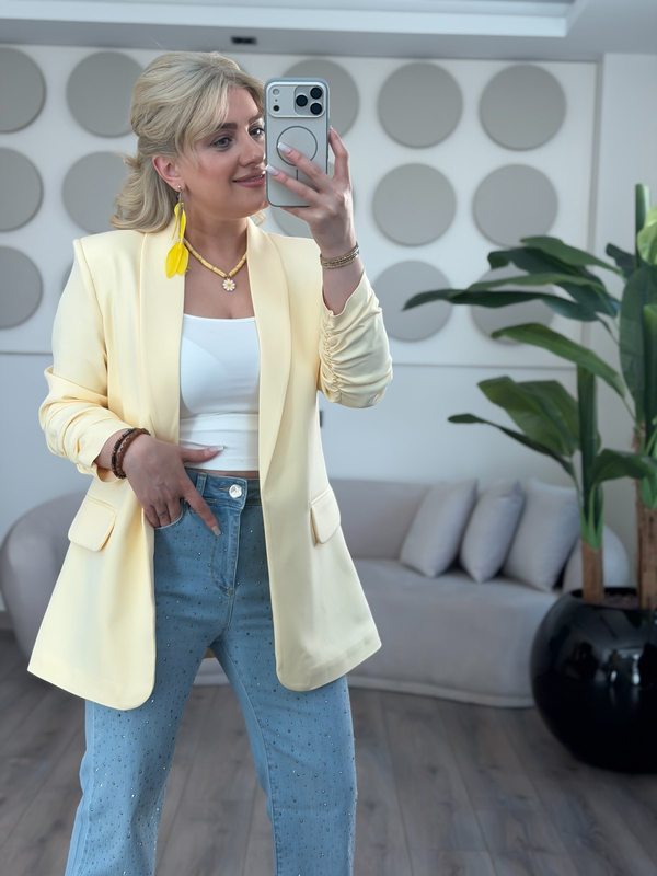 Düğmesiz Astarlı Kolu Büzgülü Blazer Ceket Sarı-23YDIS000001