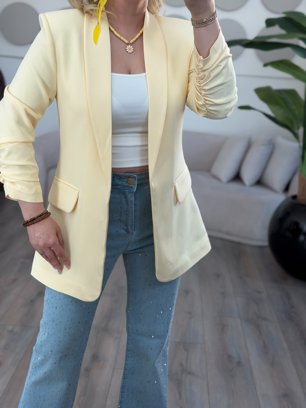 Düğmesiz Astarlı Kolu Büzgülü Blazer Ceket Sarı-23YDIS000001
