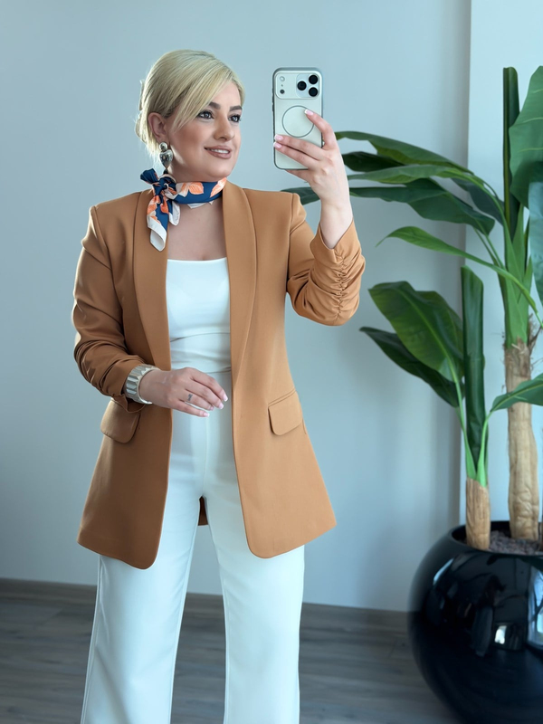 Düğmesiz Astarlı Kolu Büzgülü Blazer Ceket CAMEL-23YDIS000001