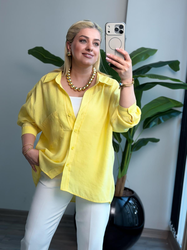 Düşük Omuzlu Oversize Gömlek Sarı-23YUST000289