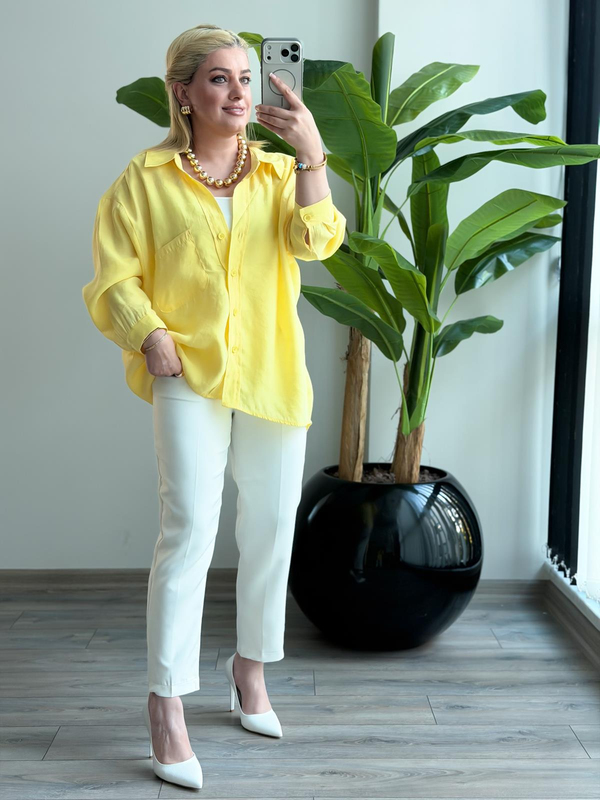 Düşük Omuzlu Oversize Gömlek Sarı-23YUST000289
