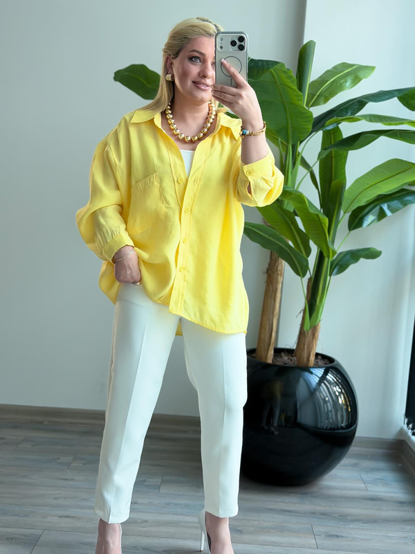 Düşük Omuzlu Oversize Gömlek Sarı-23YUST000289
