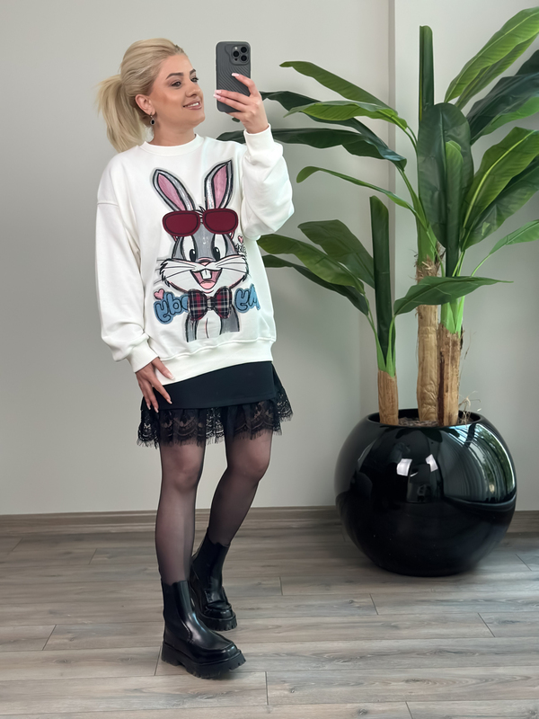 Ekose Papyonlu Tavşan Figürlü Sweatshirt BEYAZ-23MeUST00178