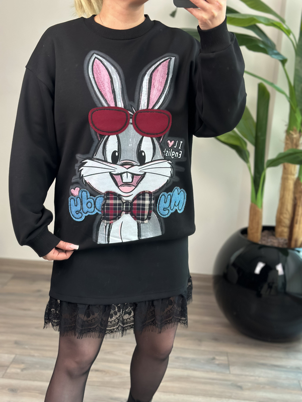 Ekose Papyonlu Tavşan Figürlü Sweatshirt SİYAH-23MeUST00178