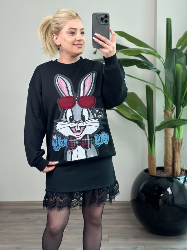 Ekose Papyonlu Tavşan Figürlü Sweatshirt SİYAH-23MeUST00178