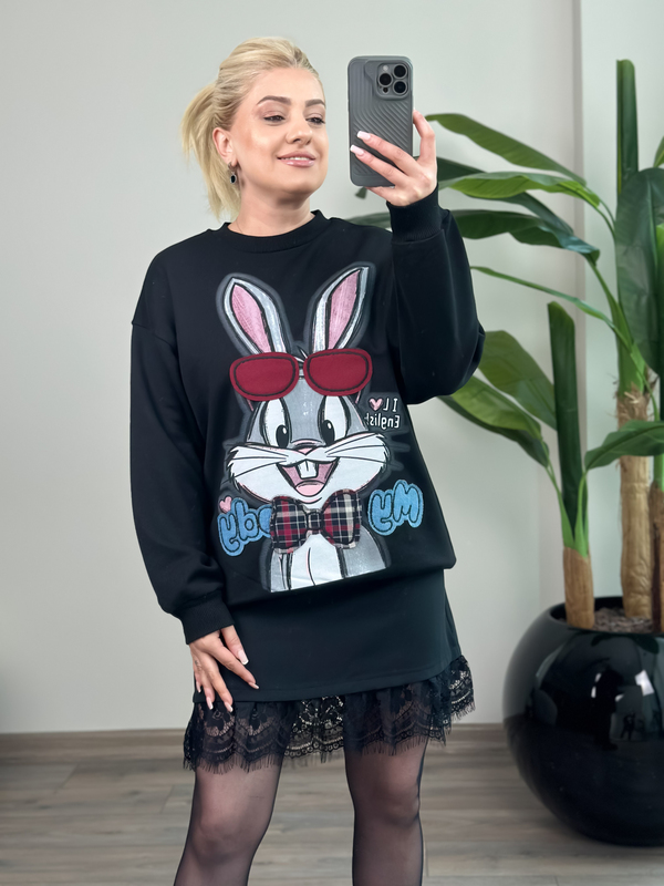 Ekose Papyonlu Tavşan Figürlü Sweatshirt SİYAH-23MeUST00178