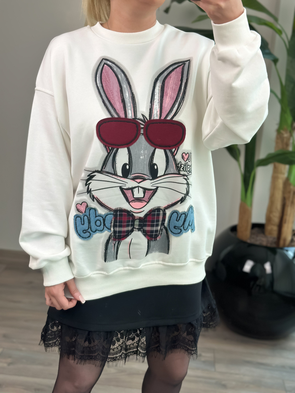 Ekose Papyonlu Tavşan Figürlü Sweatshirt BEYAZ-23MeUST00178