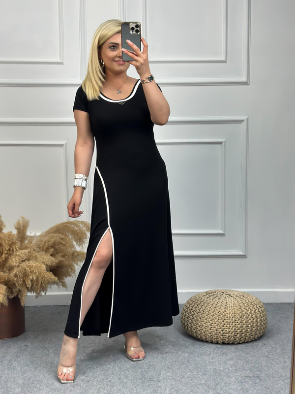 Ekru Biyeli Yırtmaçlı Elbise SİYAH-23YELB000060