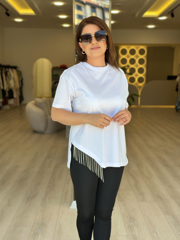Eteği Taşlı Asimetrik Tshirt BEYAZ-23YUST000274