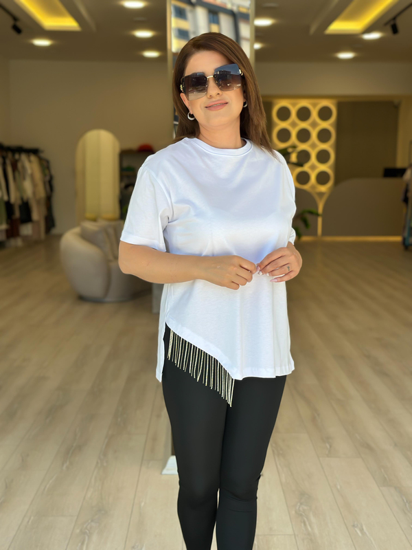 Eteği Taşlı Asimetrik Tshirt BEYAZ-23YUST000274