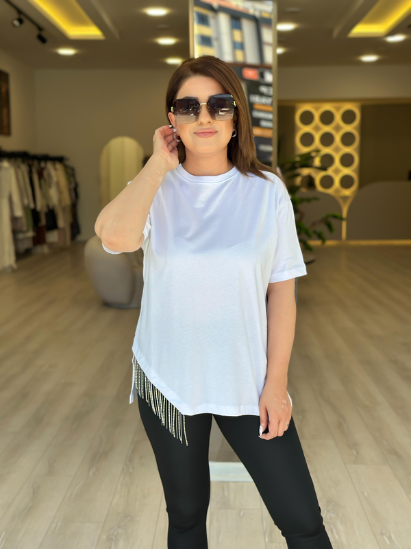 Eteği Taşlı Asimetrik Tshirt BEYAZ-23YUST000274