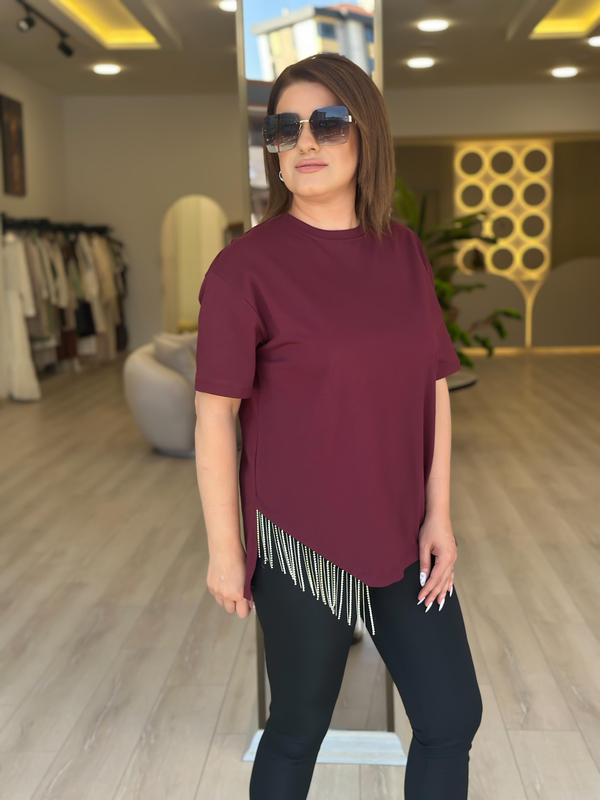 Eteği Taşlı Asimetrik Tshirt BORDO-23YUST000274