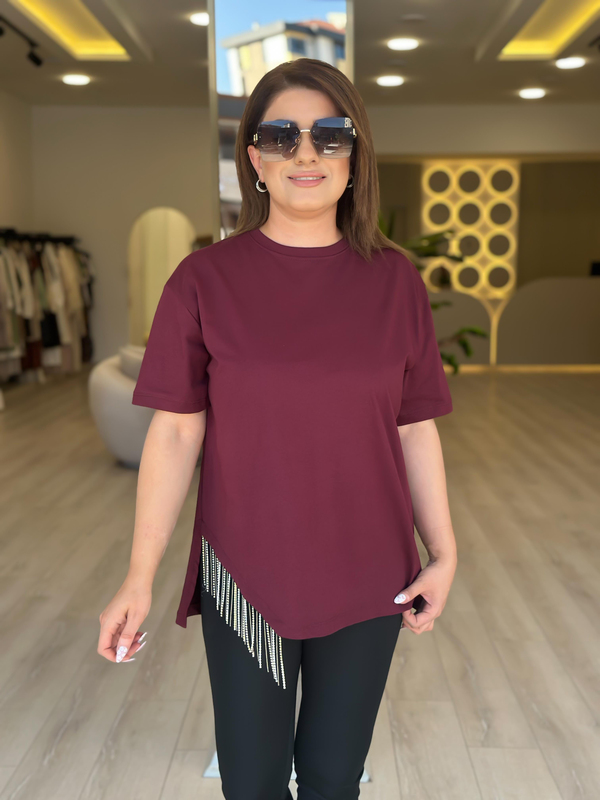 Eteği Taşlı Asimetrik Tshirt BORDO-23YUST000274