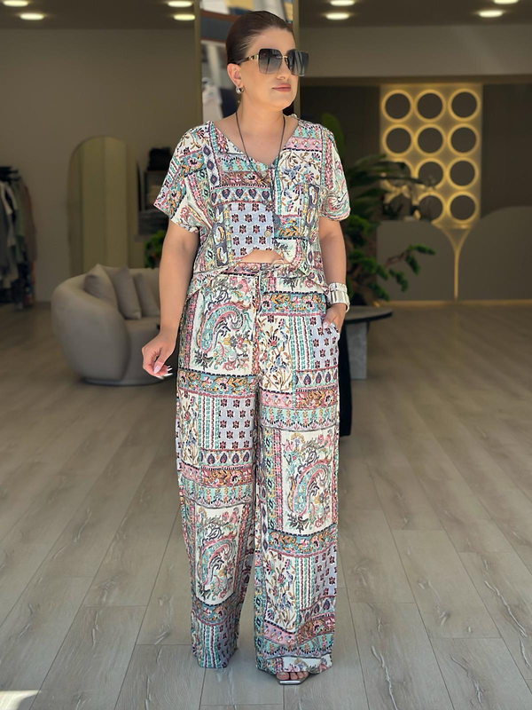 Etnik Desenli Geniş Paça Pantolon YEŞİL-23YALT000059