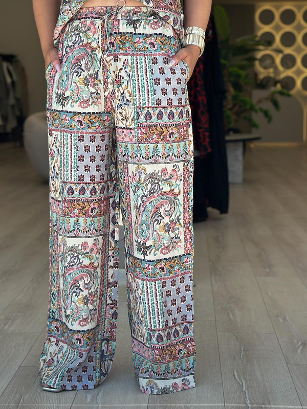 Etnik Desenli Geniş Paça Pantolon YEŞİL-23YALT000059