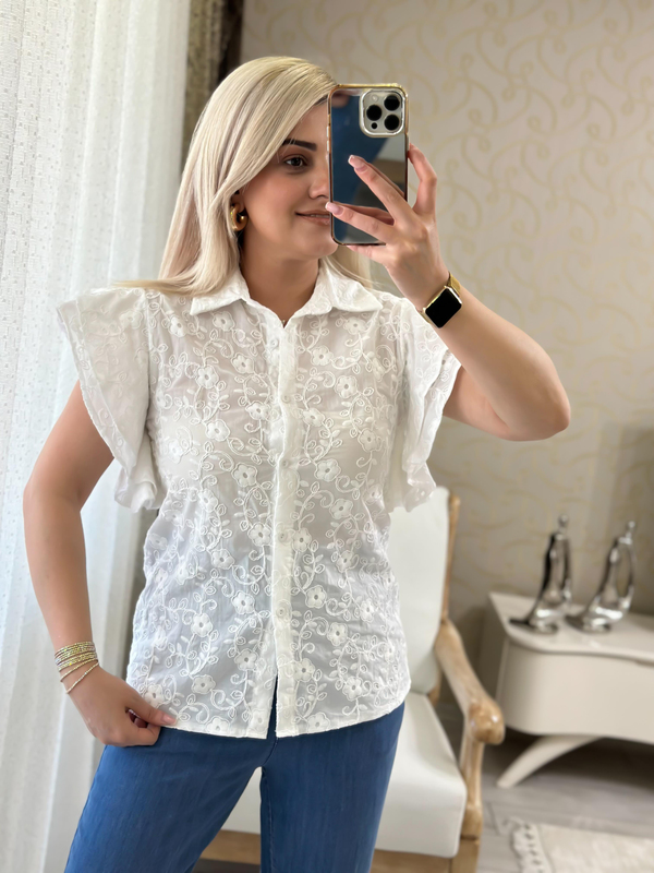 Fisto Kolları Volanlı Premium Kalite Gömlek BEYAZ-23YUST000094