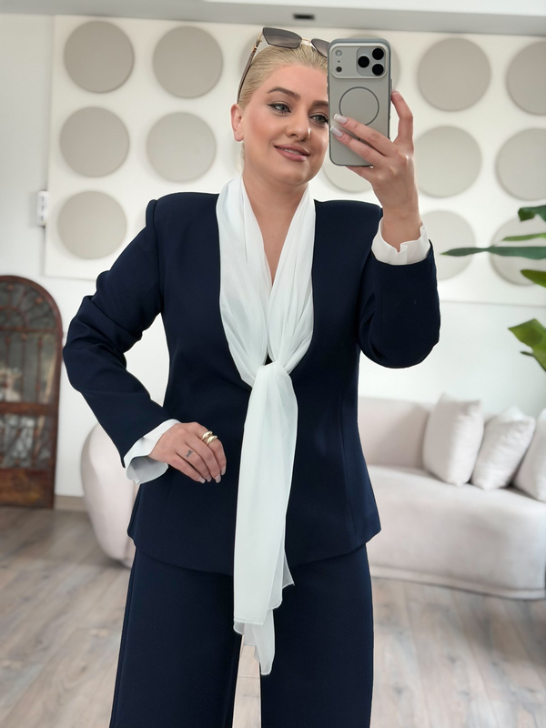 Fular Bağlamalı Blazer Pantolon Takım LACİVERT-23MeUST00153