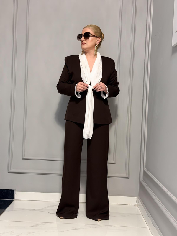 Fular Bağlamalı Blazer Pantolon Takım KAHVE-23MeUST00153